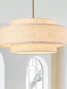 20'' 4-Light Linen Gold Chandelier Drum Chandeliers 3 Layer Fabric Lampshade
